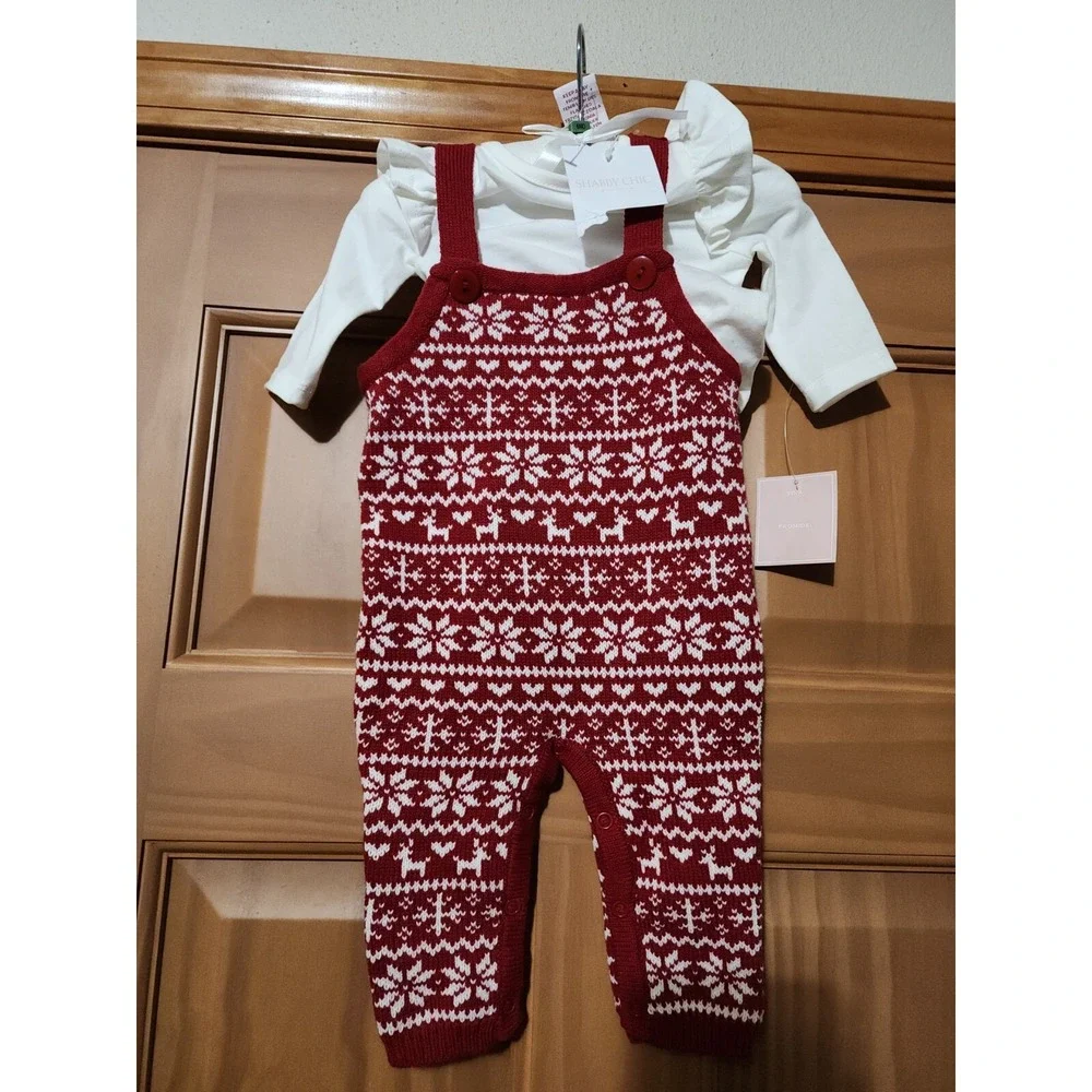 Shabby Chic Rachel Ashwell Infant Christmas Winter Outfit Red‎ Overalls 3-6 NWT